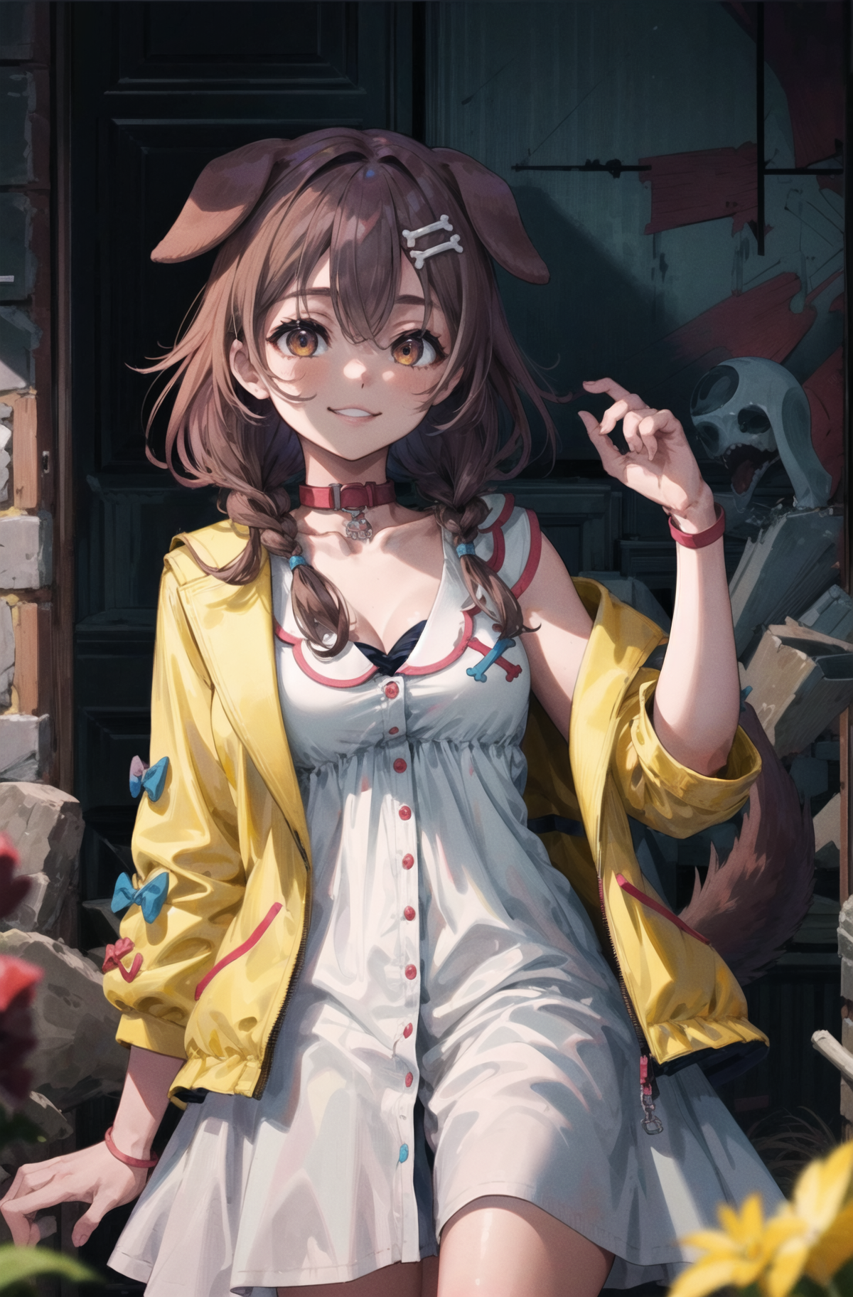 03241-2407185224-ik1, 1girl, white dress, yellow jacket, dog tail, animal collar, cleavage, medium breasts, wristband, cartoon bone, hairclip,  _.png
